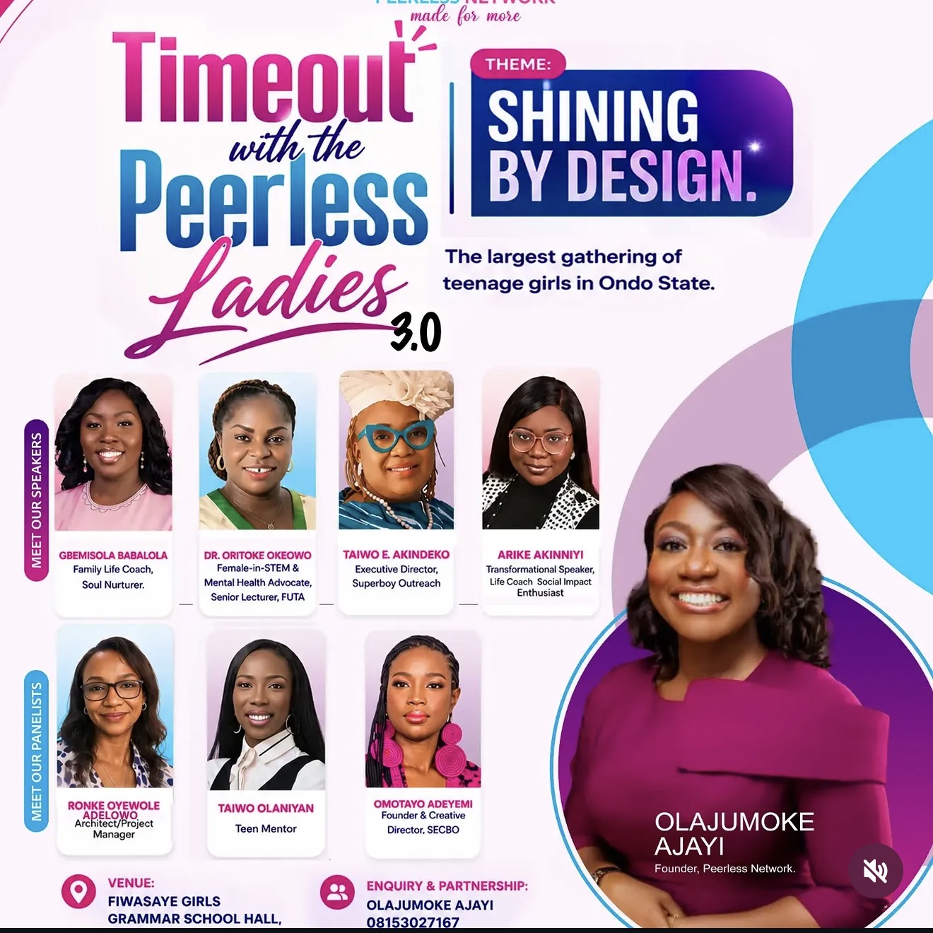 Shining by Design flyer for Timeout with the Peerless Ladies 3.0, showing four speakers, three panelists and host Olajumoke Ajayi, at Fiwasaye Girls Grammar School Hall in Akure